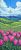 Ceramic tile mural with blooming pink tulips and spring landscape – decorative tile mural